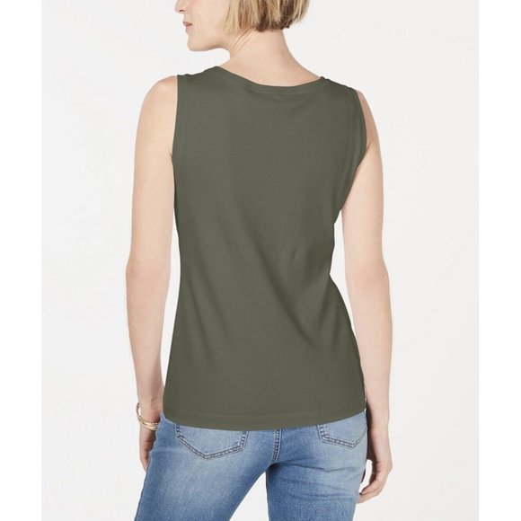 Karen Scott Scoop-Neck Cotton Tank Top Olive Sprig Green Small - Picture 2 of 4
